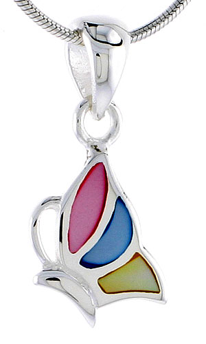 Sterling Silver Half Butterfly Pink, Blue & Light Yellow Mother of Pearl Inlay Pendant, 9/16" (14 mm) tall 