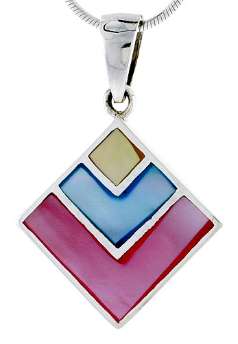 Sterling Silver Diamond-shaped Pink, Blue &amp; Light Yellow Mother of Pearl Inlay Pendant, 15/16&quot; (24 mm) tall 