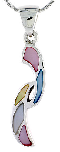 Sterling Silver Freeform Pink, Blue, Light Yellow &amp; White Mother of Pearl Inlay Pendant, 1 1/4&quot; (32 mm) tall 
