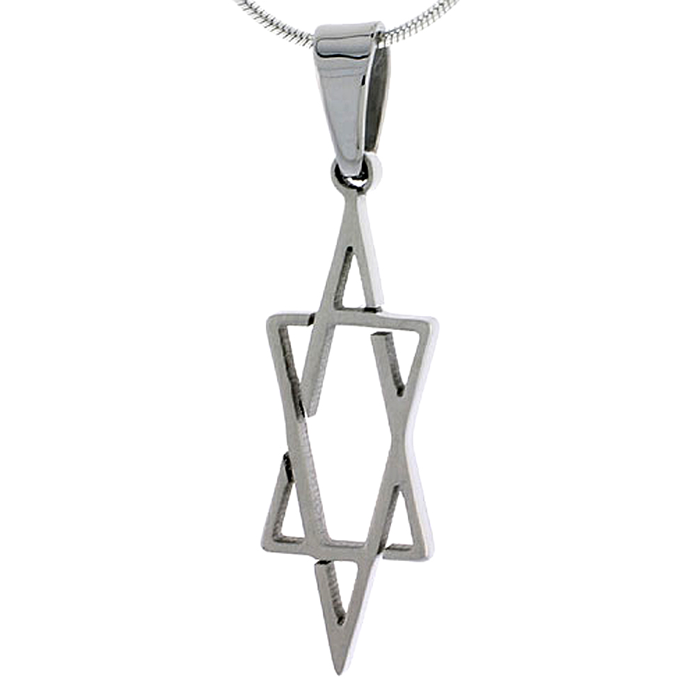 Stainless Steel Star of David Necklace 1 1/4 inch tall, w/ 30 inch Chain