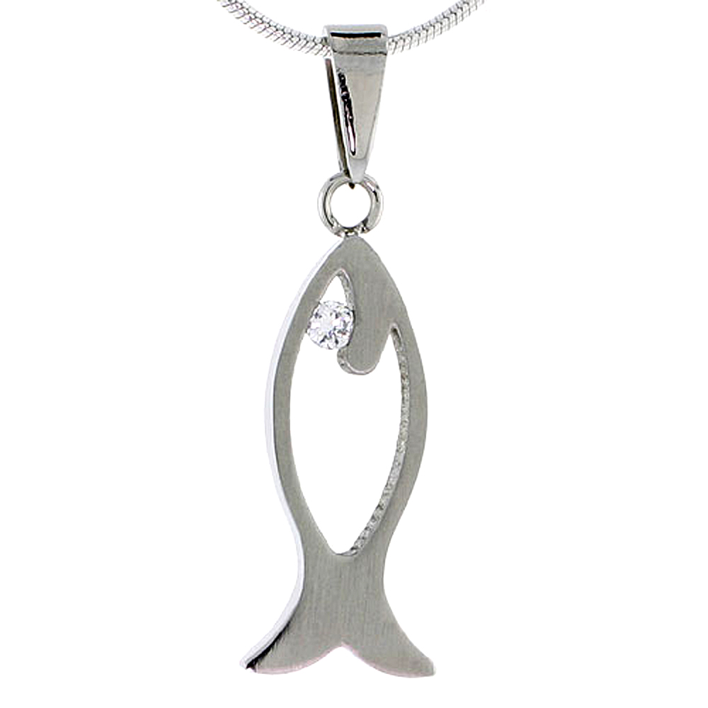 Stainless Steel Cut Out Christian Fish Necklace w/ Crystal Eye, 15/16 inch tall, w/ 30 inch Chain