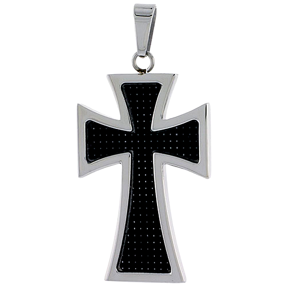 Stainless Steel Maltese Cross Necklace w/ Carbon Fiber, 1 3/8 inch, w/ 30 inch Chain