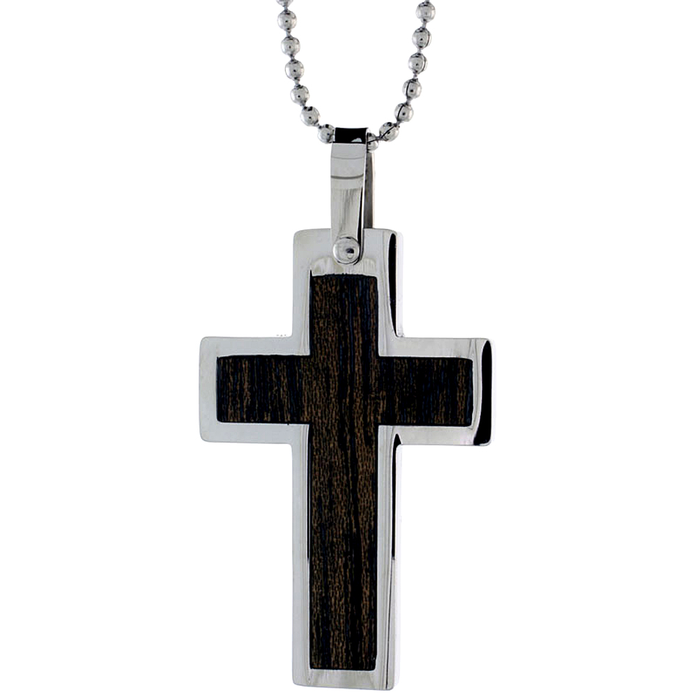 Stainless Steel Cross Necklace w/ Wood Inlay, 1 5/16 inch tall, w/ 30 inch Chain