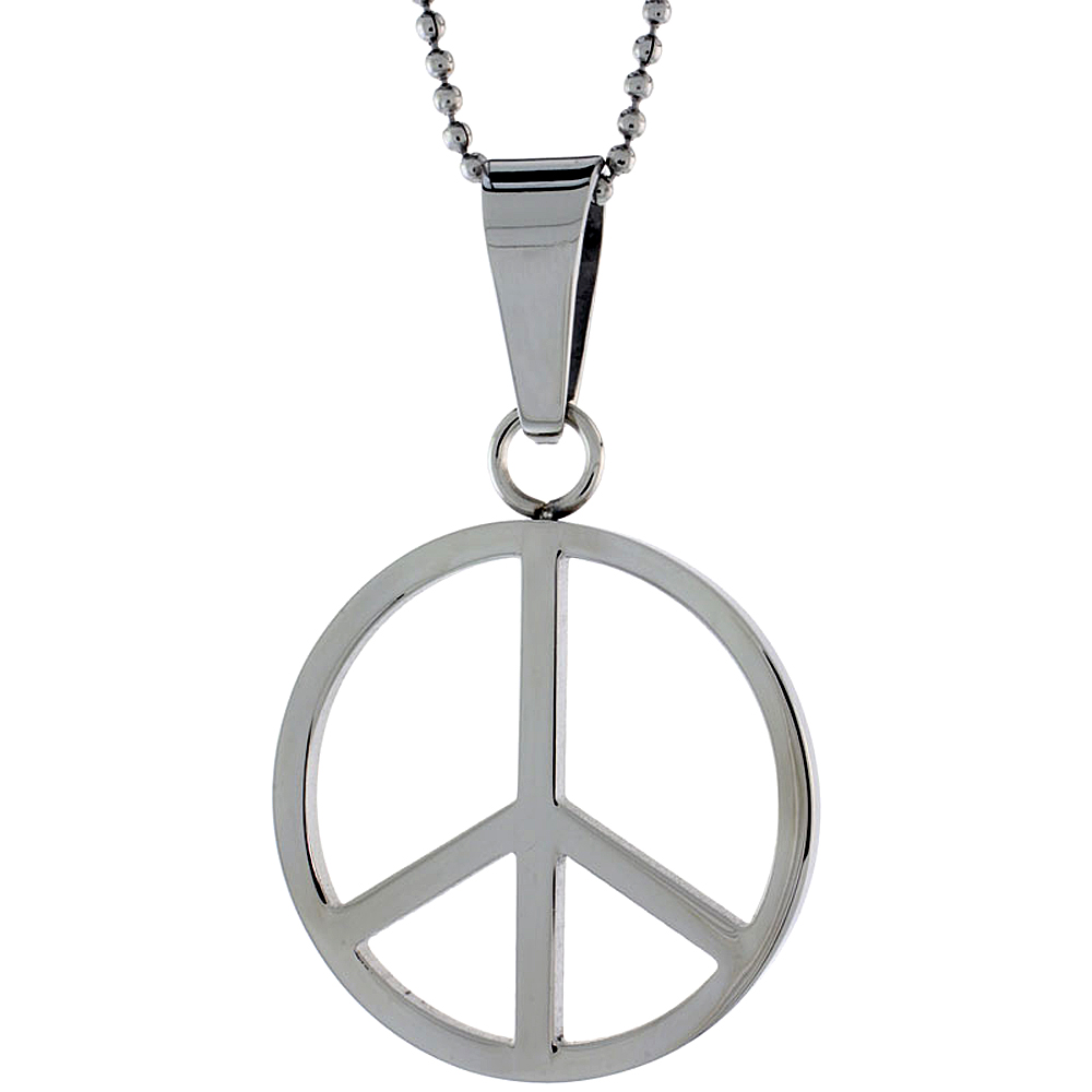 Stainless Steel Peace Sign Necklace, 1 3/16 inch tall, w/ 30 inch Chain