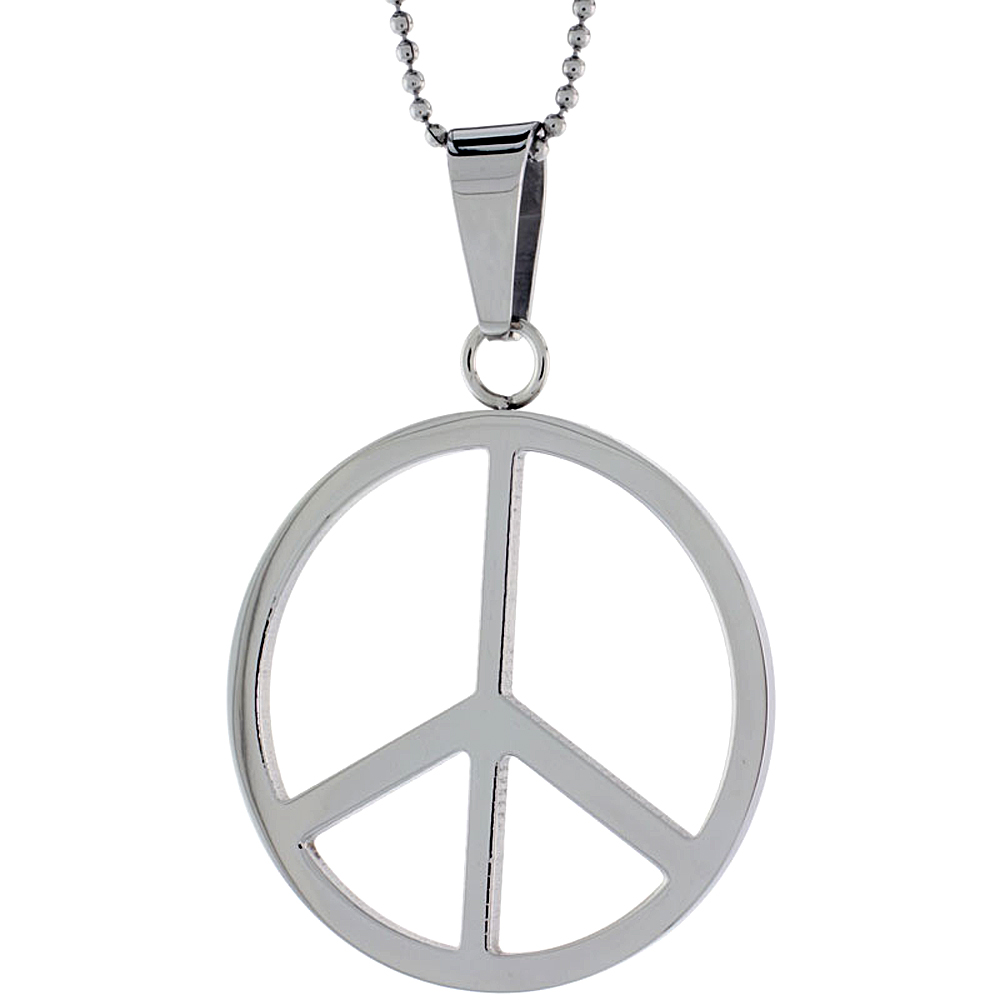 Stainless Steel Large Peace Sign Necklace, 1 5/8 inch tall, w/ 30 inch Chain