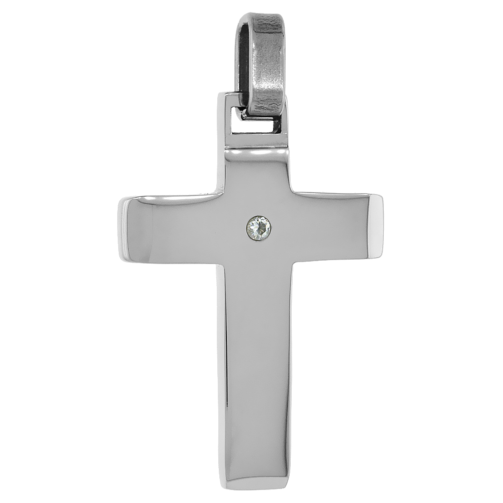 Stainless Steel Latin Cross Necklace w/ CZ Stone, 30 inch chain