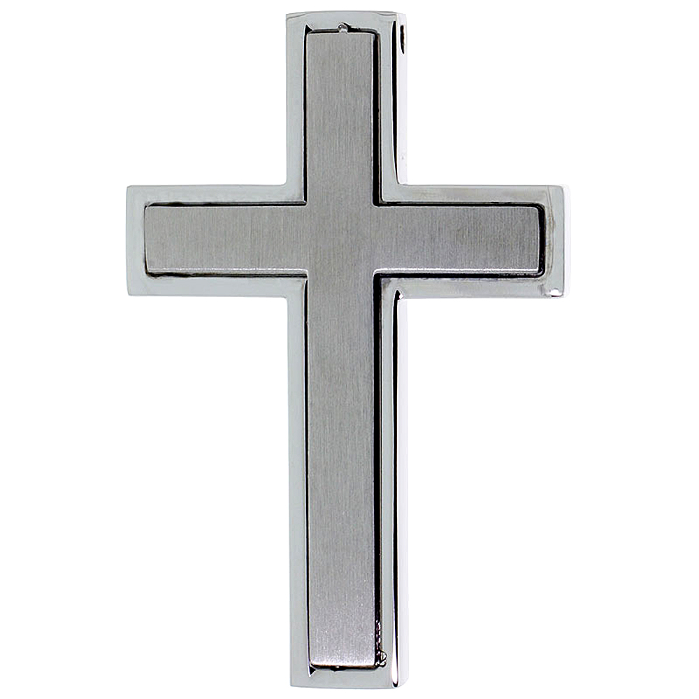 Stainless Steel Latin Cross Slider Necklace, 30 inch chain w/ Frosted Finish Center, 30 inch chain