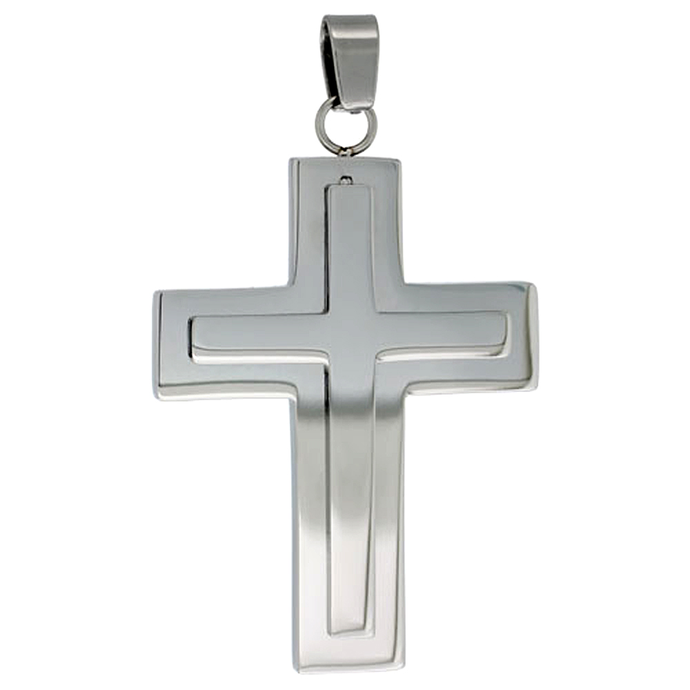 Stainless Steel Latin Cross Necklace, 30 inch chain w/ Frosted Finish Center, 30 inch chain
