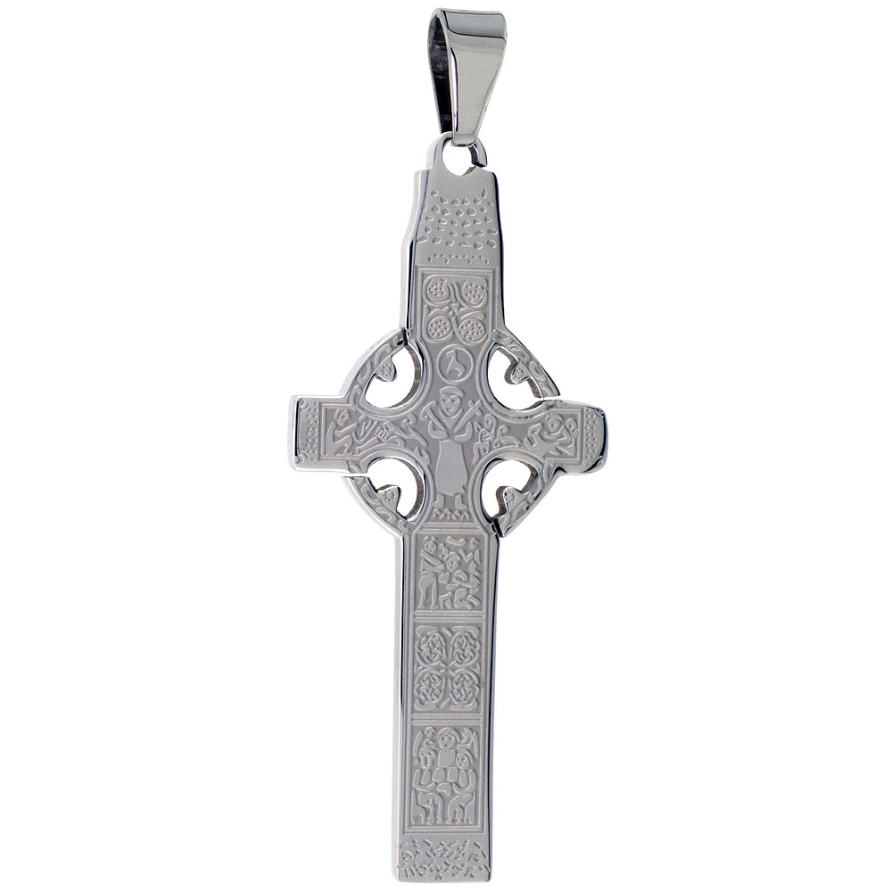 Stainless Steel Celtic Muiredach Cross Necklace, 2 inch tall with 30 inch chain