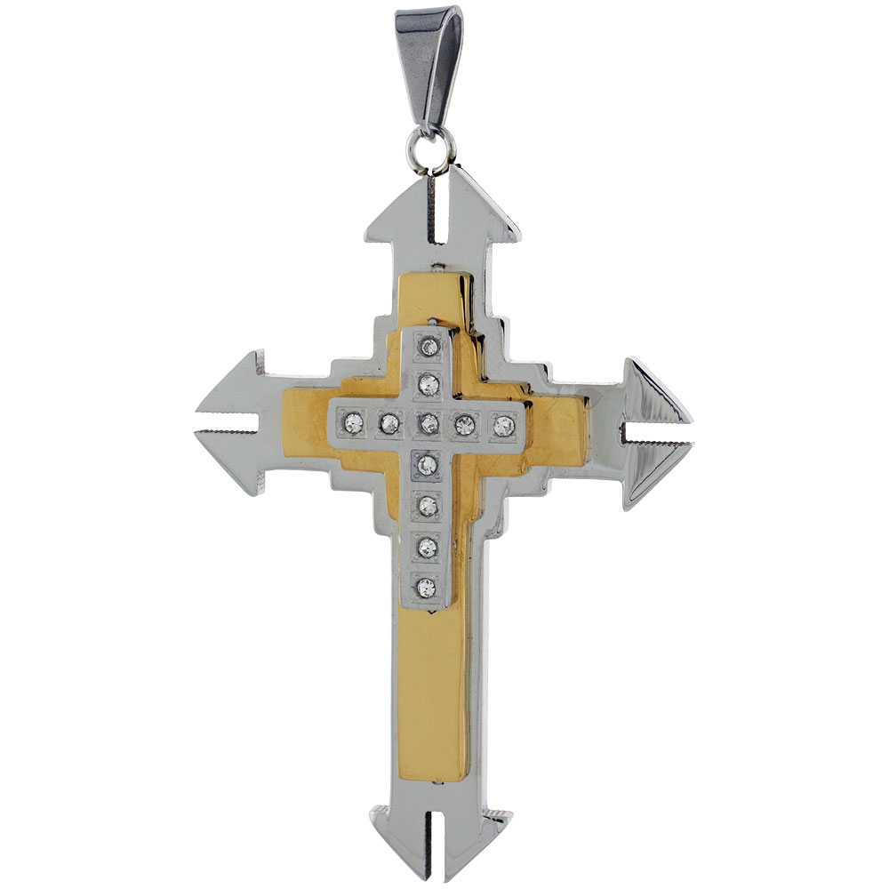 Stainless Steel Cross Necklace CZ Stones 2-tone Gold Finish, 2 1/4 inch tall with 30 inch chain