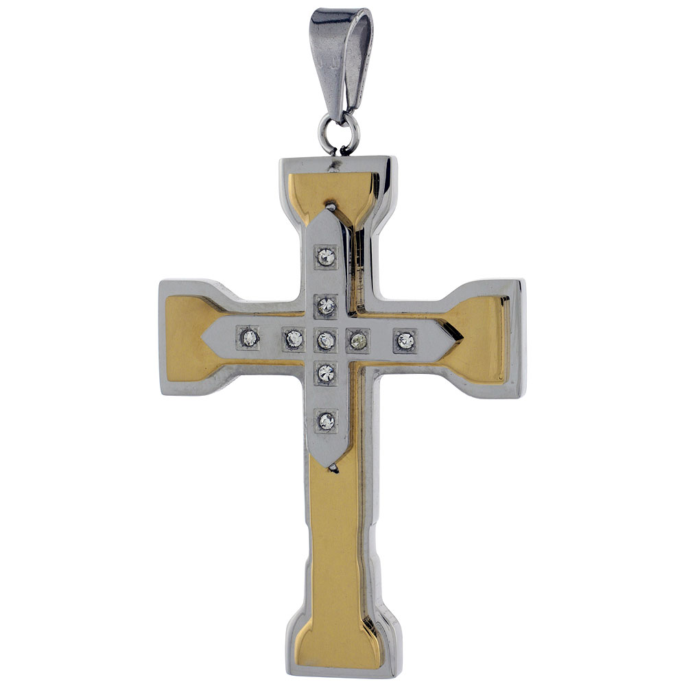 Stainless Steel Capital Cross Necklace CZ Stones 2-tone Gold Finish, 2 inch tall with 30 inch chain