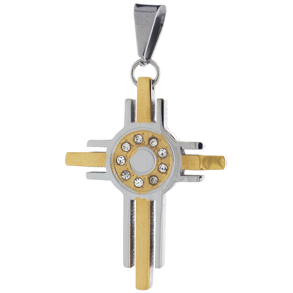 Stainless Steel Cross Necklace CZ Stones 2-tone Gold Finish, 1 5/16 inch tall with 30 inch chain