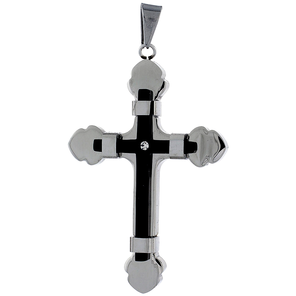 Stainless Steel Cross Necklace CZ Stone 2-tone Black Finish, 2 inches tall with 30 inch chain