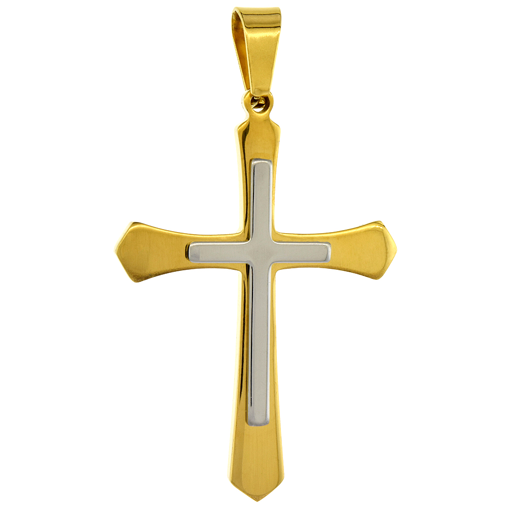Stainless Steel Pointed Cross Necklace 2-tone Gold Finish, 1 3/4 inch tall with 30 inch chain