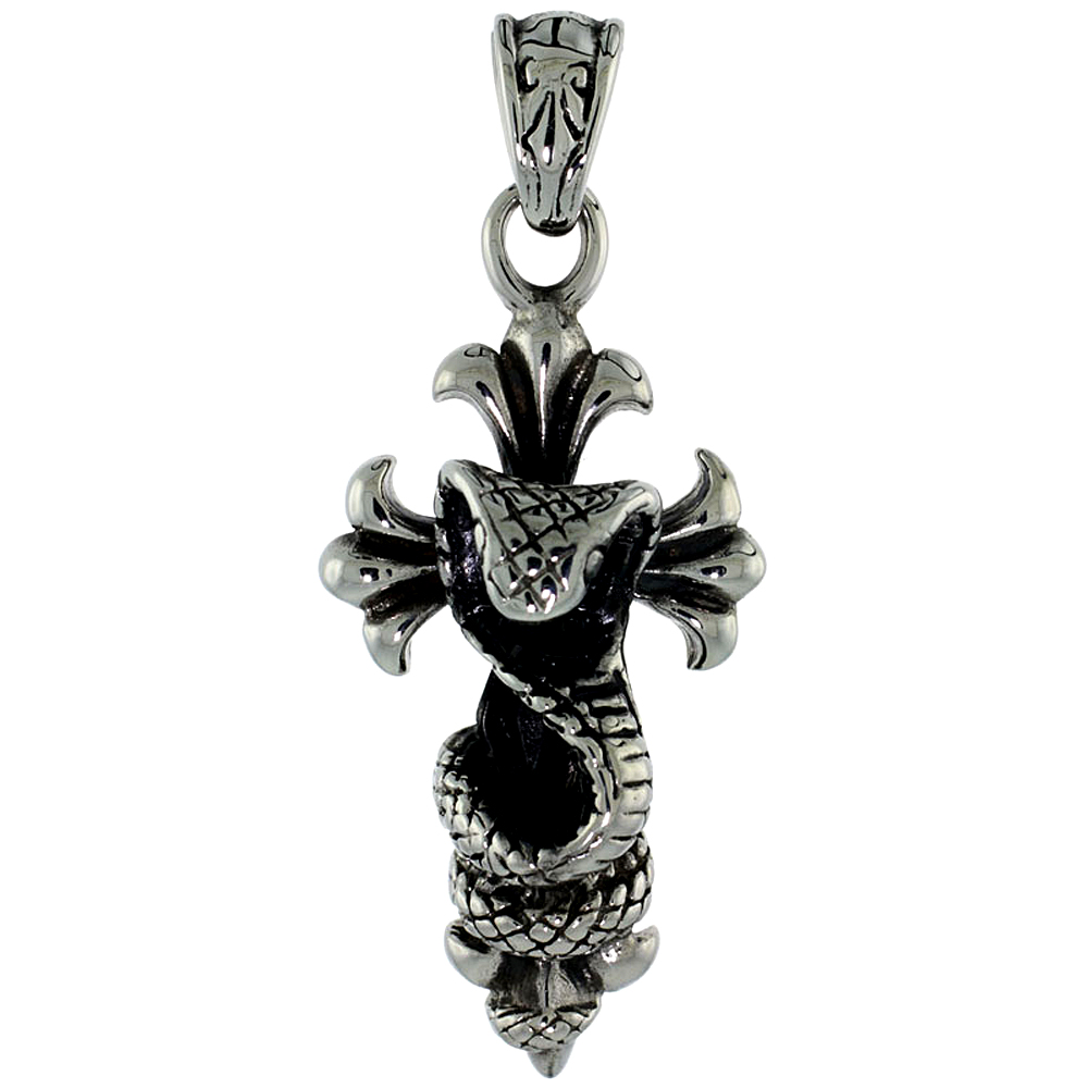 Stainless Steel Serpent Cross Necklace, 1 7/8 inch tall with 30 inch chain