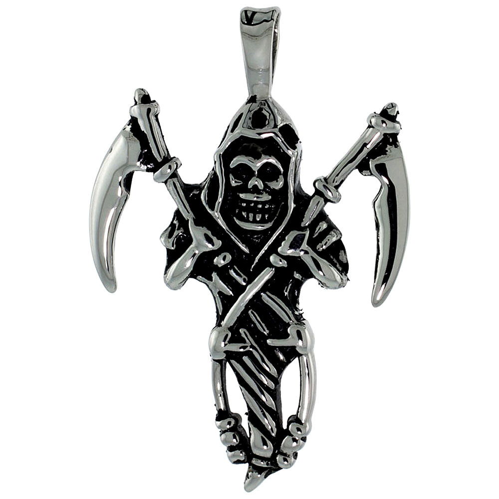 Stainless Steel Grim Reaper Skull Biker Necklace, 1 3/4 inch tall with 30 inch chain