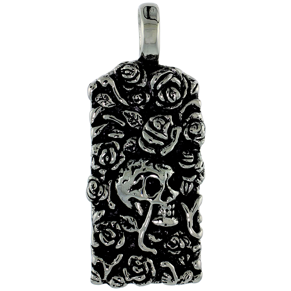 Stainless Steel Skull & Roses Biker Necklace, 1 3/4 inch tall with 30 inch chain