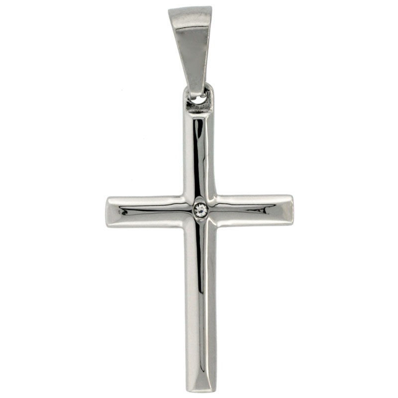 Stainless Steel Latin Cross Necklace, w/ CZ Stone, 1 3/8 inch tall with 30 inch chain