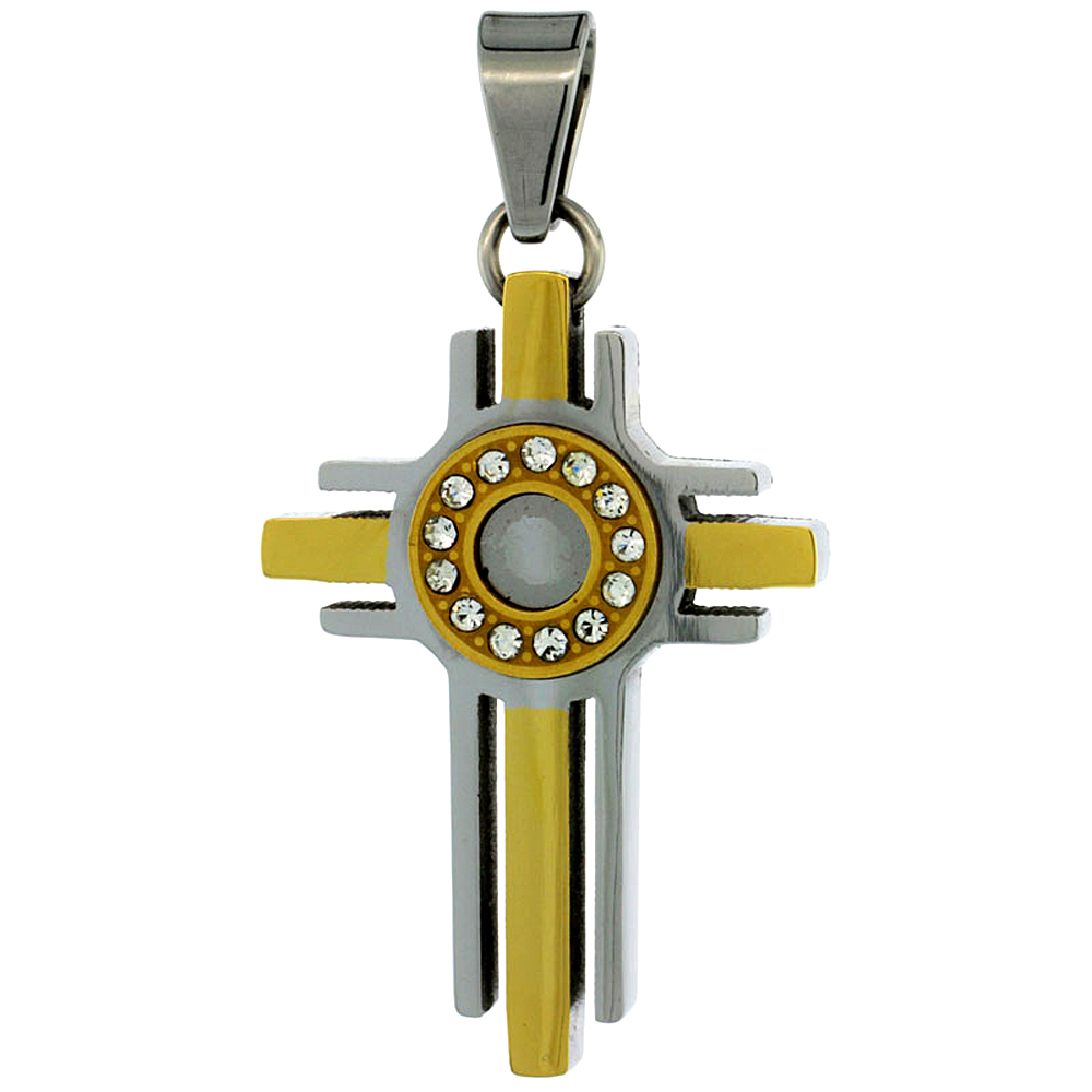 Stainless Steel Halo Cross Necklace CZ Stones 2-tone Gold Finish, 1 1/2 inch tall with 30 inch chain