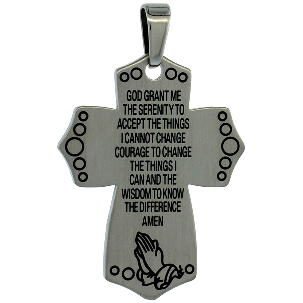 Surgical Steel The Serenity Prayer Cross Necklace 1 5/16 inch (33 mm), w/ 30 inch Chain