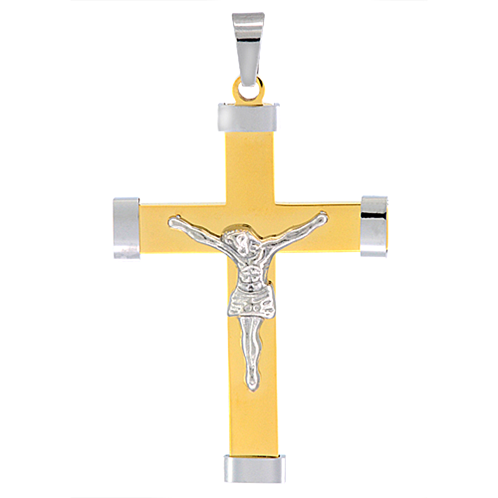 Stainless Steel Crucifix Necklace 2-tone Gold finish 2 3/8 inch tall, w/ 30 inch Chain