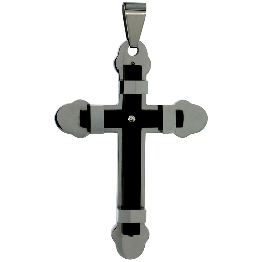 Stainless Steel Cross Necklace 2-tone Black finish, 2 inch tall, w/ 30 inch Chain