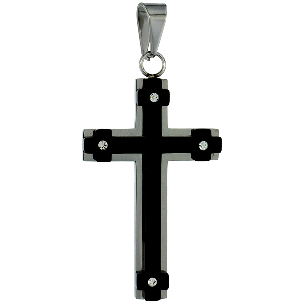 Stainless Steel Cross Necklace 2-tone Black finish, 1 3/4 inch tall, w/ 30 inch Chain
