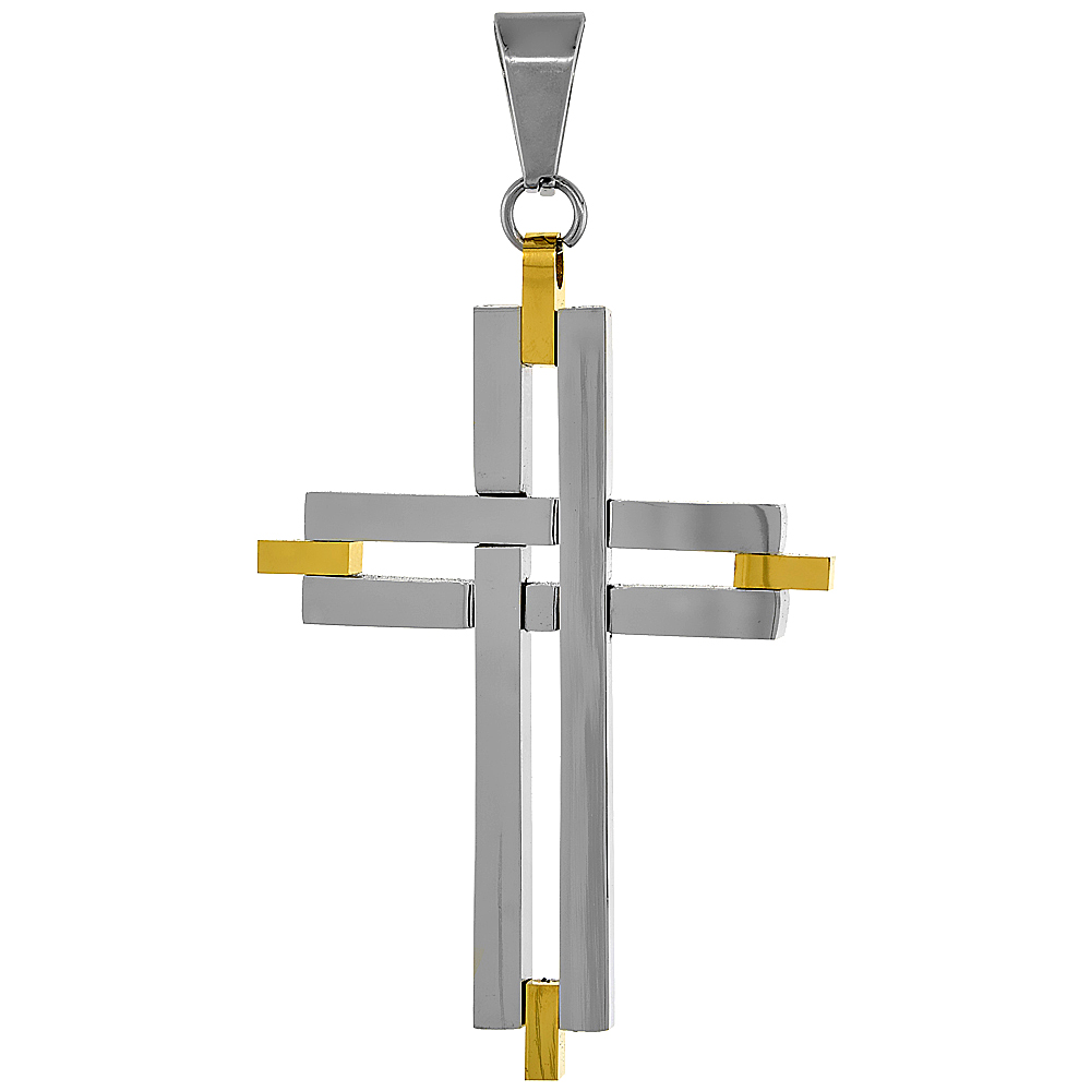 Stainless Steel Cross Necklace 2-tone Gold finish, 2 inch tall, w/ 30 inch Chain