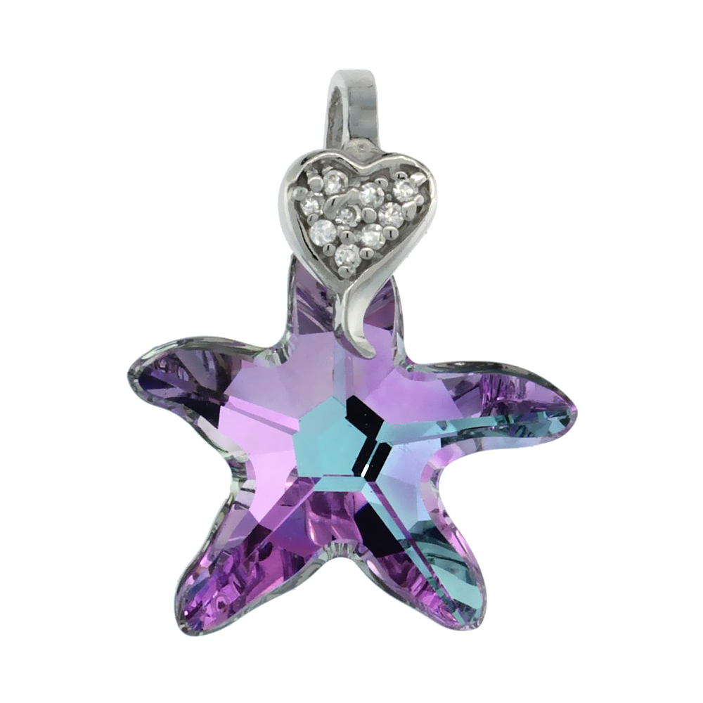 Sterling Silver Pendant w/ Purple Starfish Swarovski Crystal &amp; Cubic Zirconia Stones, 1 in. (26 mm) tall, Rhodium Finish