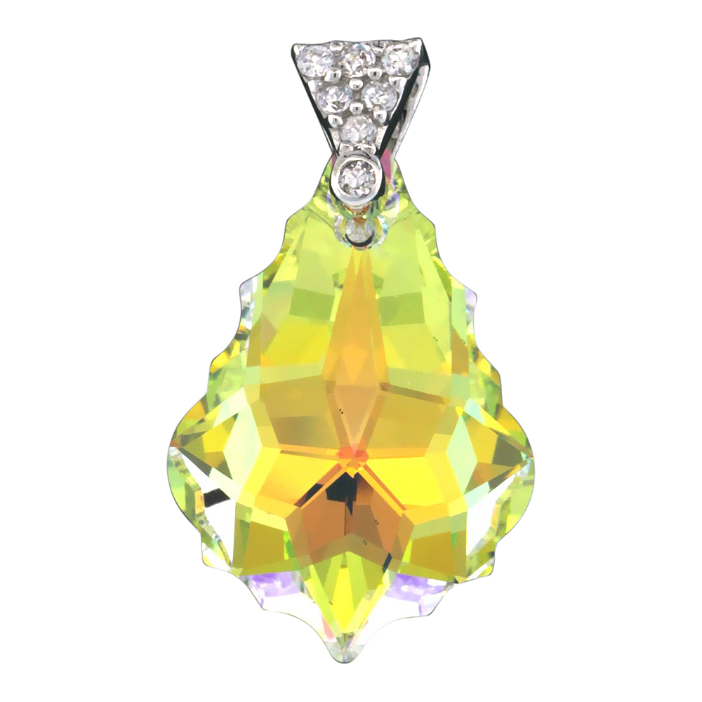 Sterling Silver Pendant w/ Yellow Baroque Swarovski Crystal &amp; Cubic Zirconia Stones, 1 in. (25 mm) tall, Rhodium Finish
