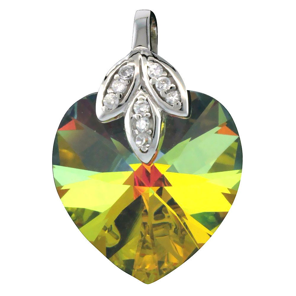 Sterling Silver Pendant w/ Yellow Heart Swarovski Crystal &amp; Cubic Zirconia Stones, 1 in. (25 mm) tall, Rhodium Finish