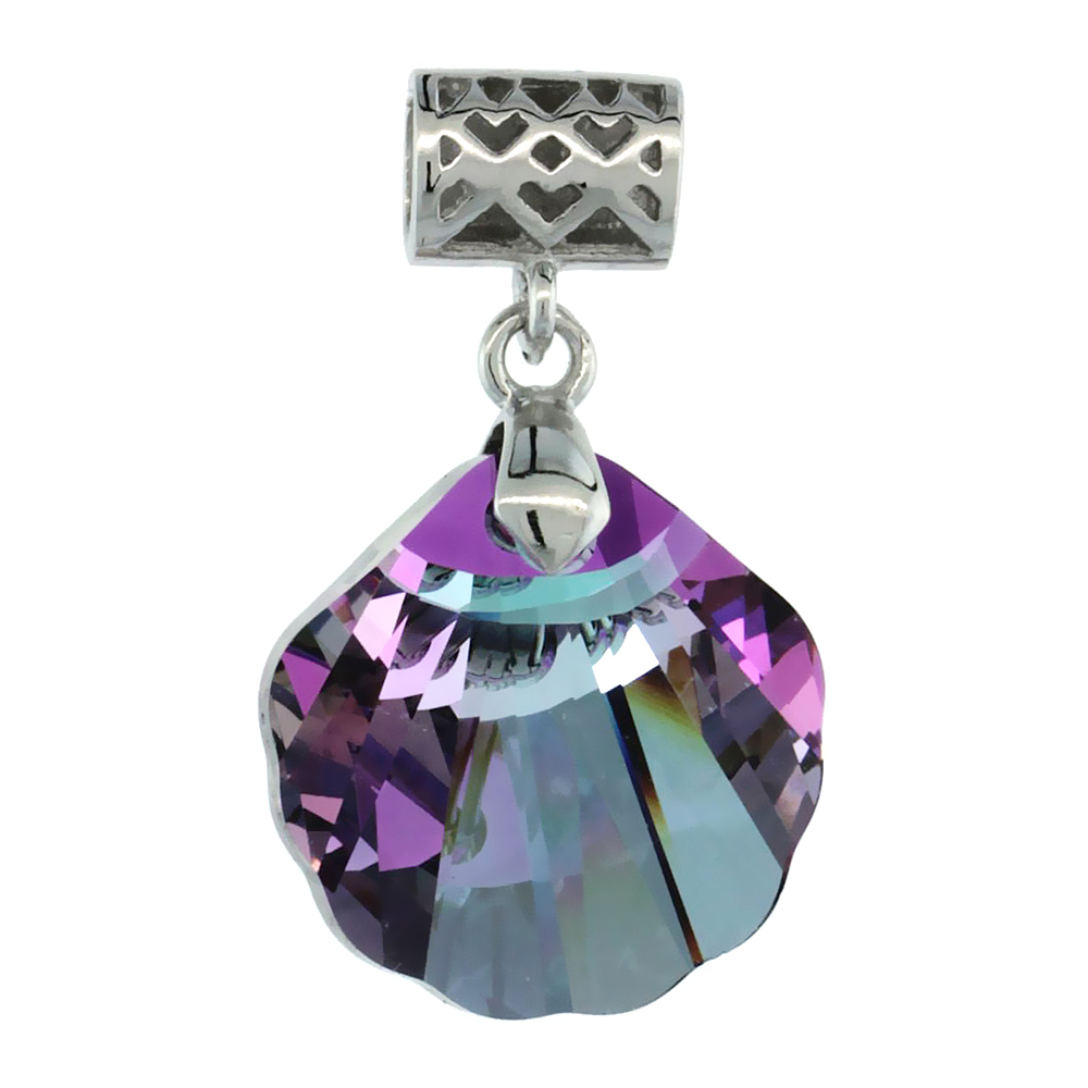Sterling Silver Pendant w/ Purple Clam Shell Swarovski Crystal &amp; Cubic Zirconia Stones, 1 1/16 in. (27 mm) tall, Rhodium Finish