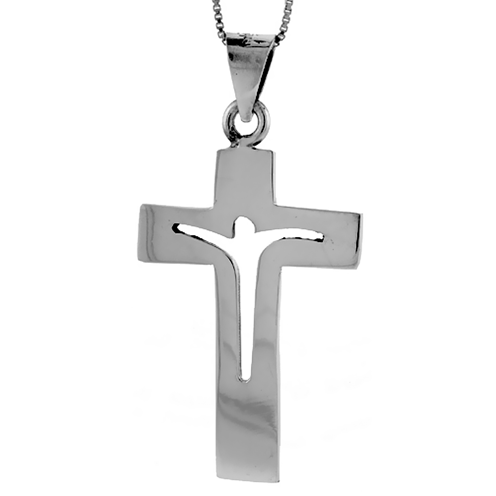 Sterling Silver Crucifix Pendant Cut-out Jesus Highly Polished Handmade, 1 7/8 inch