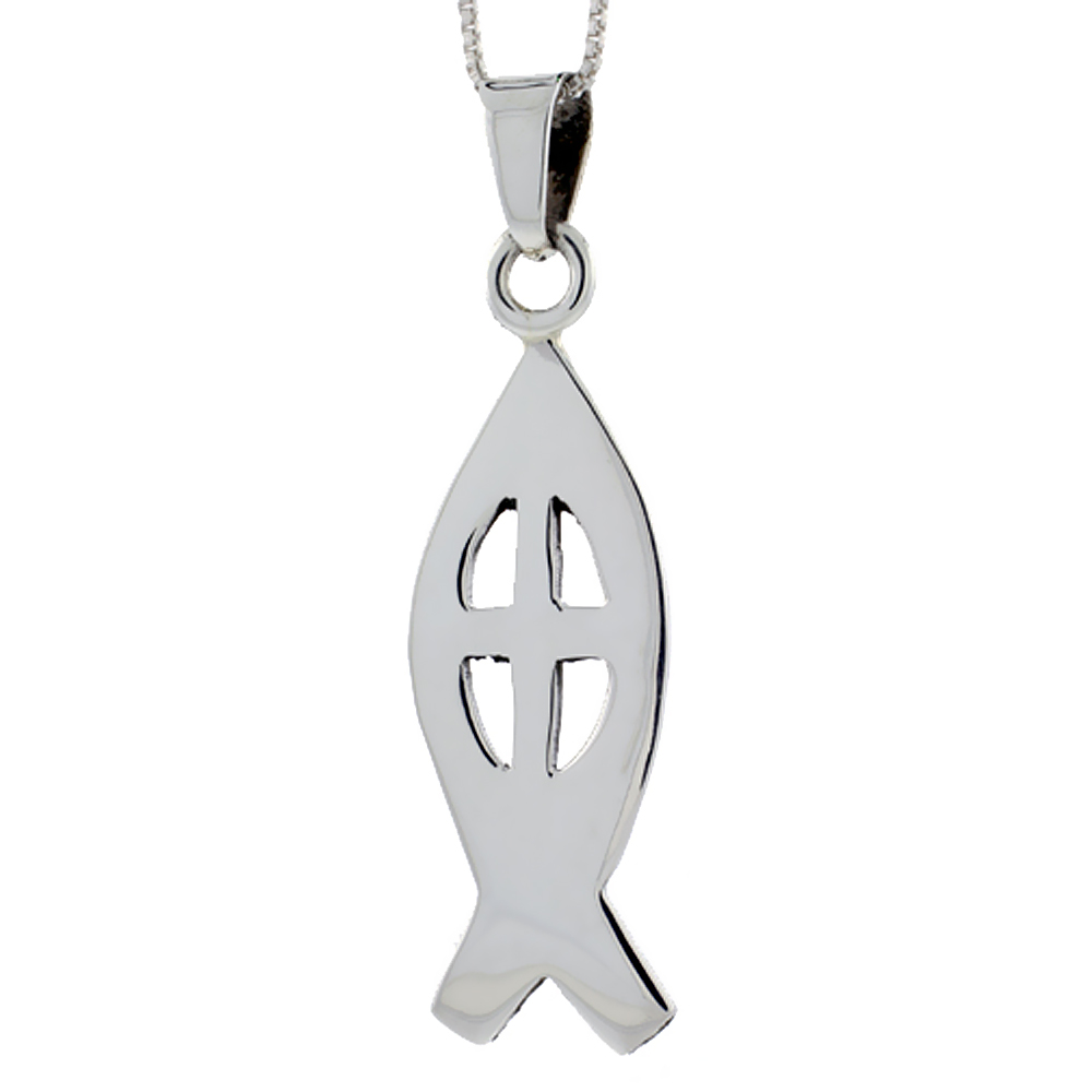 Sterling Silver Christian Fish Ichthys Pendant Highly Polished Handmade, 1 5/8 inch