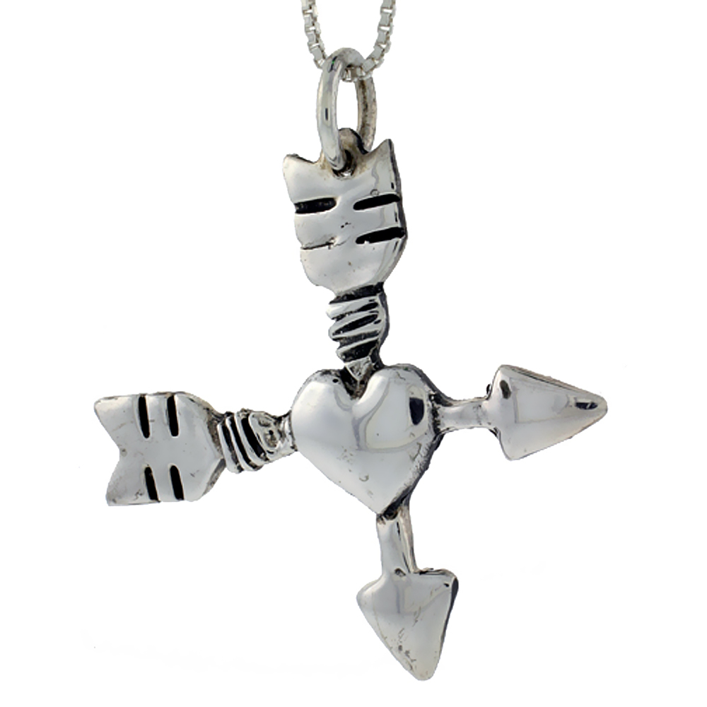 Sterling Silver Arrow Cross with Heart Pendant Handmade, 1 1/2 inch