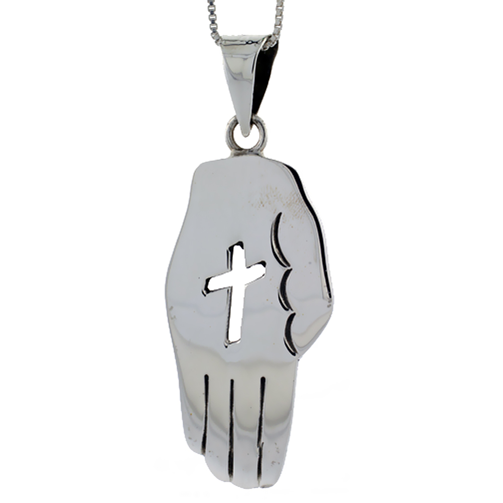 Sterling Silver Hand Pendant Handmade, with Cut-out Cross 1 3/4 inch
