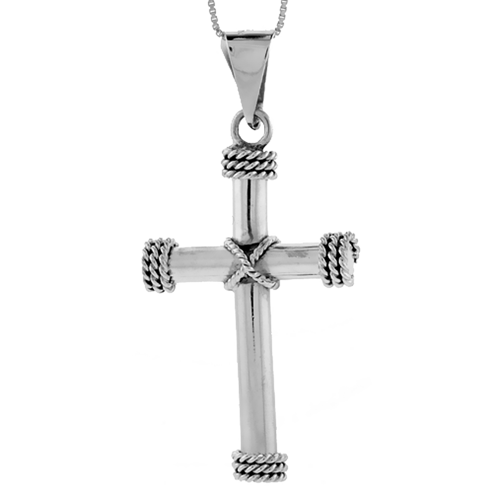 Sterling Silver Rope Cross Pendant Large Handmade, 2 inch