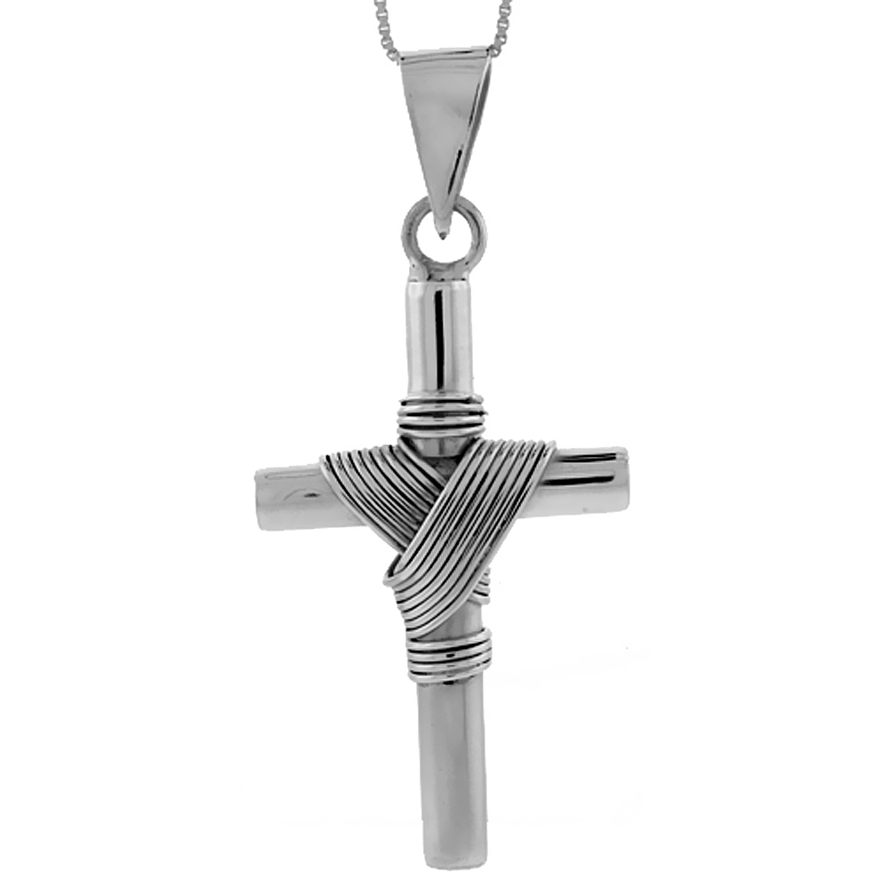 Sterling Silver Large Wire Wrapped Tube Cross Pendant Handmade, 2 1/8 inch