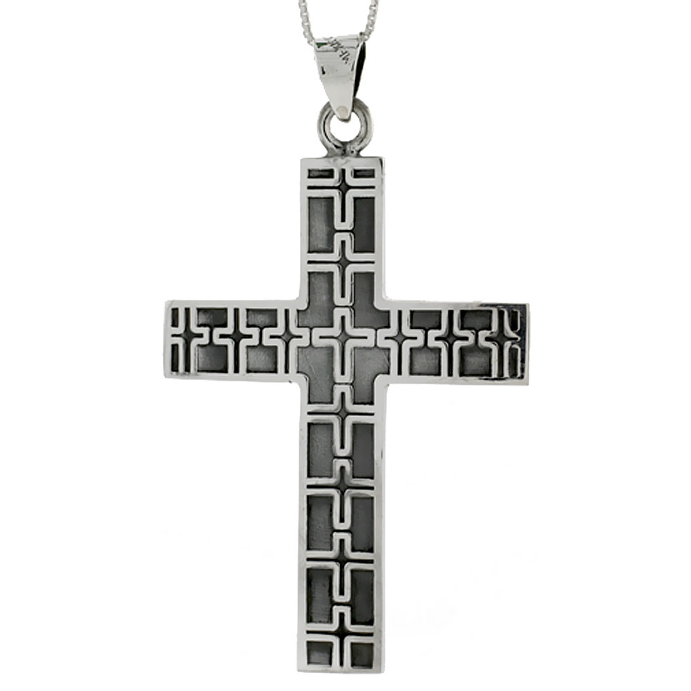 Sterling Silver Large Cross Pendant w/ Embossed Crosses Handmade, 2 1/2 inch