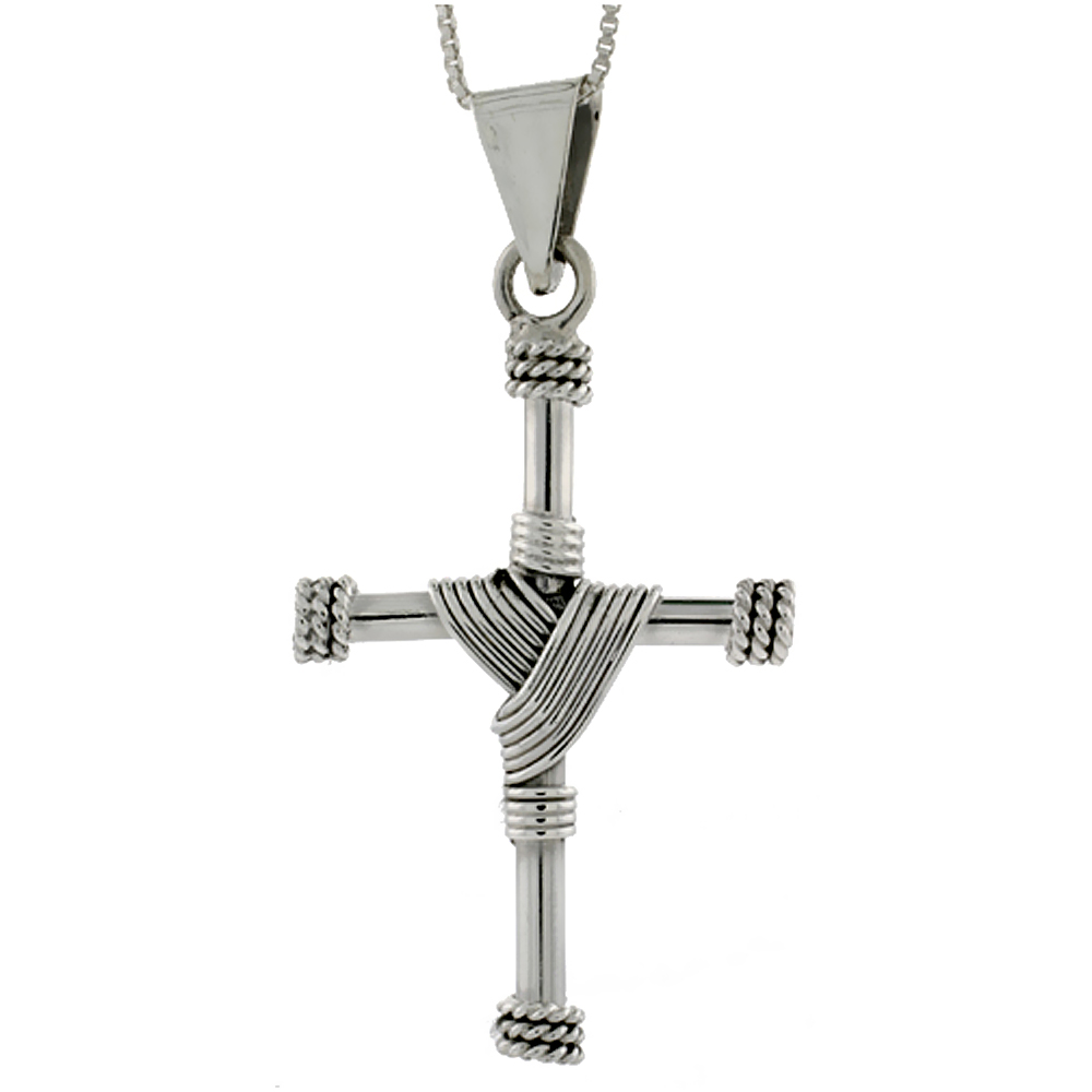Sterling Silver Rope Cross Pendant Handmade, 1 3/4 inch
