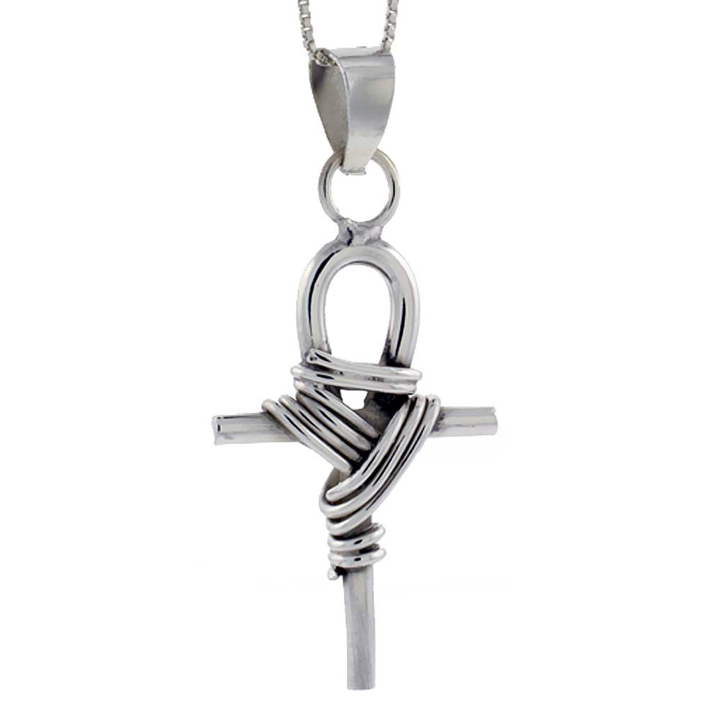 Sterling Silver Rope Ankh Pendant Handmade, 1 3/4 inch