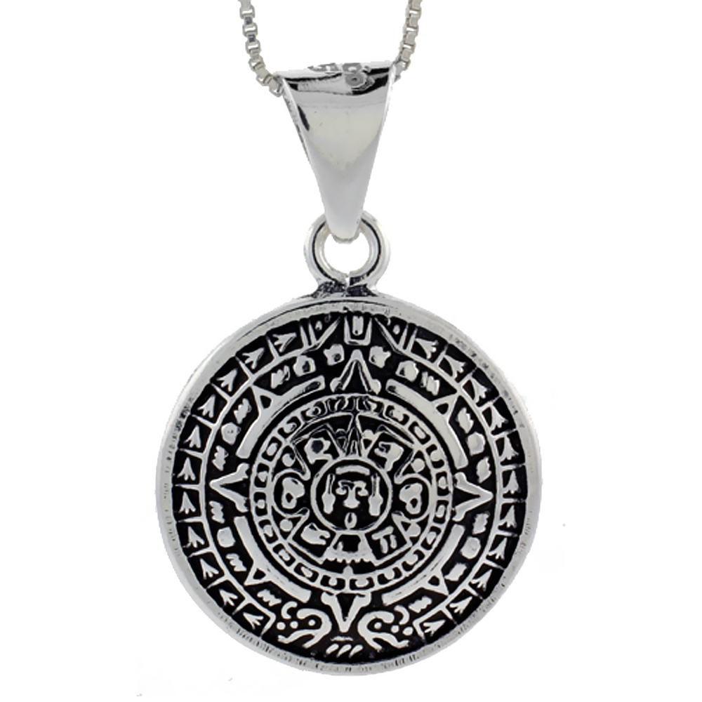 Sterling Silver Double Sided Aztec Calendar Pendant Handmade, 1 inch (25 mm)