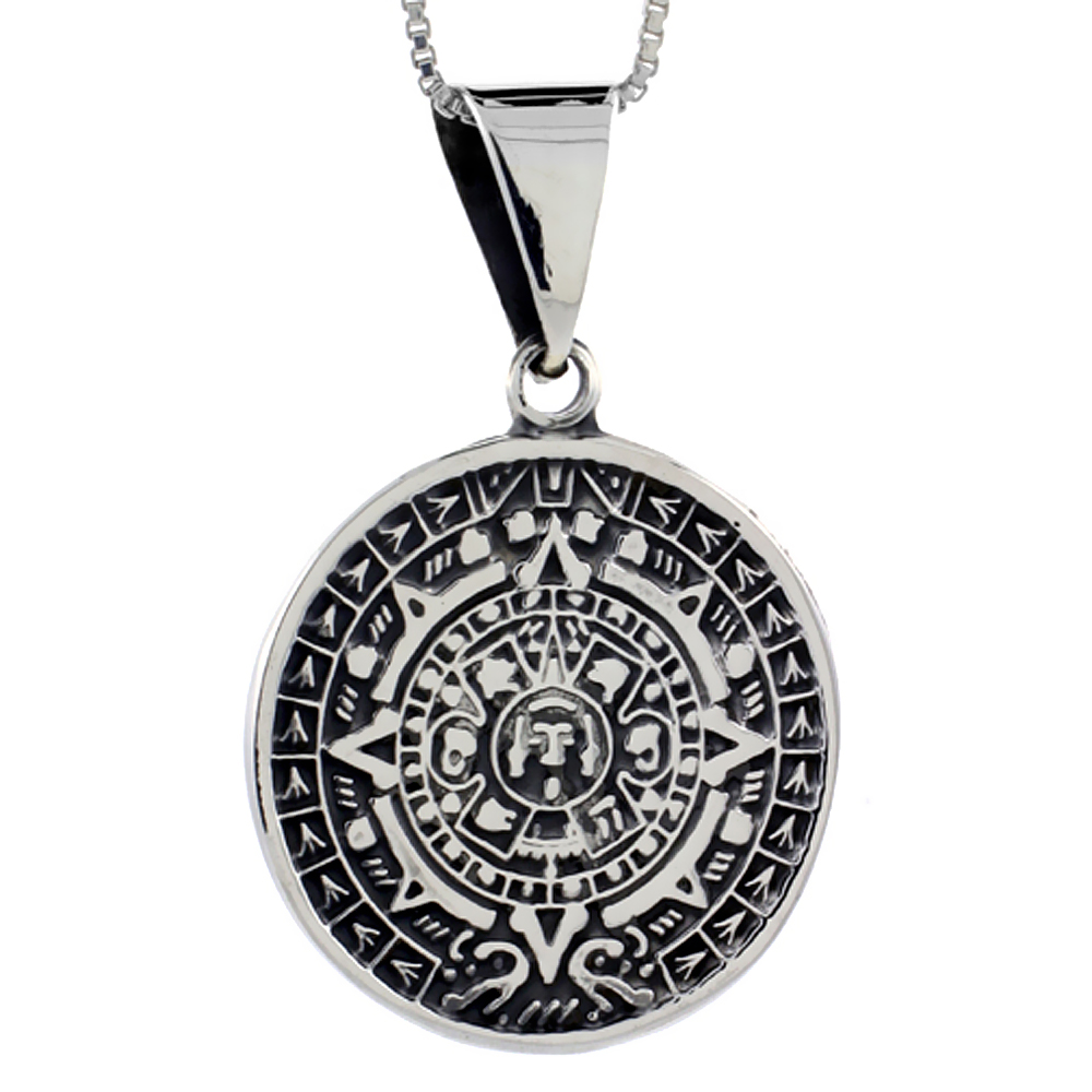 1 inch Sterling Silver Aztec Calendar Pendant for Men and Women Handmade 25mm Round