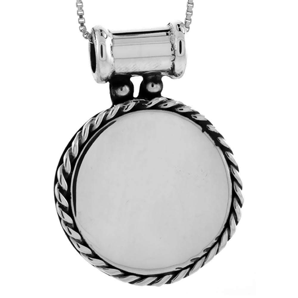 Sterling Silver Round Disc Pendant Engravable Rope Edge Handmade, 1 1/16 inch long