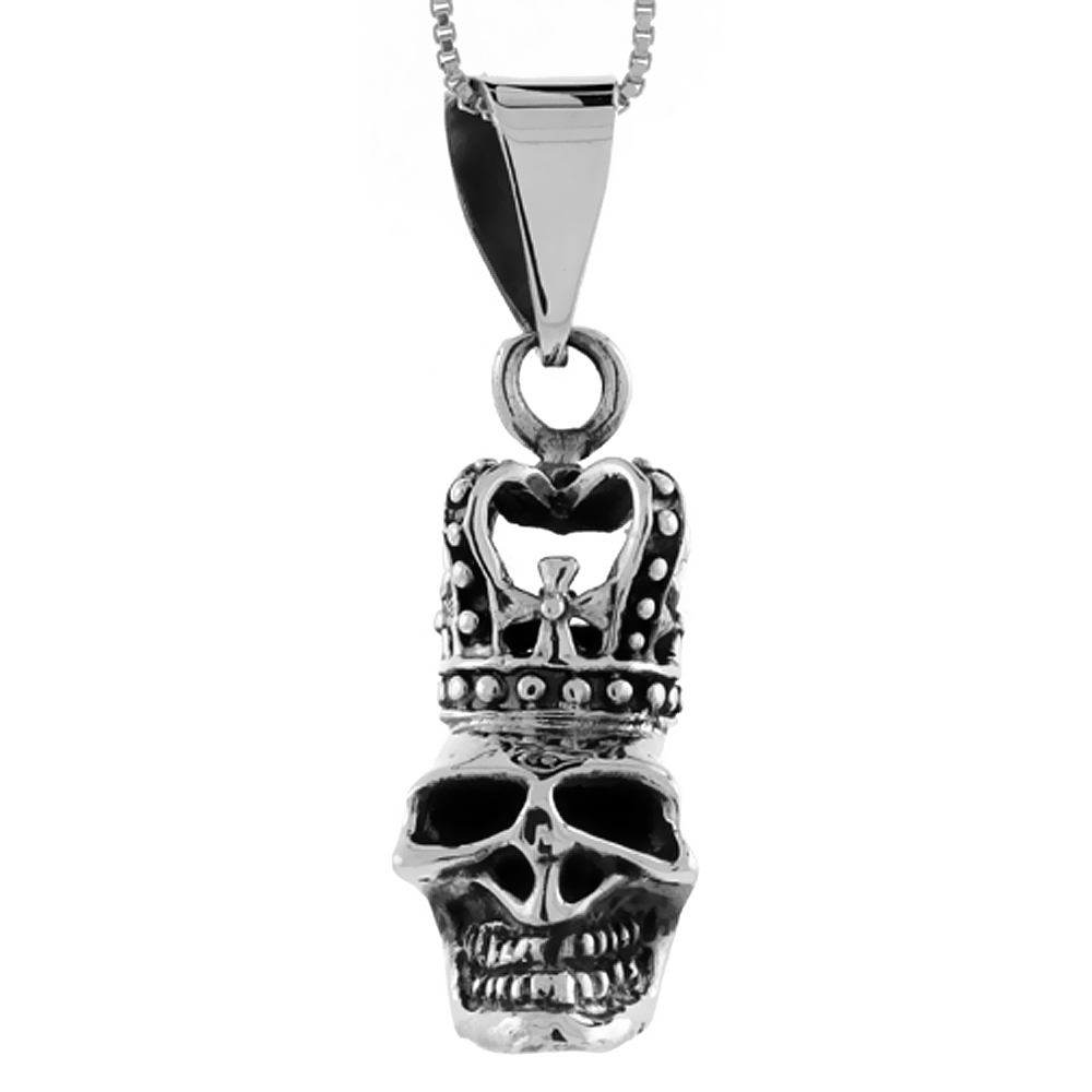 Sterling Silver Skull with Crown Pendant Handmade, 1 3/8 inch long