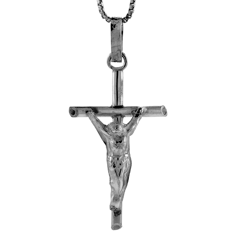 Sterling Silver Cross Crucifix Crucified Jesus Pendant Handmade, 1 1/4 inch long