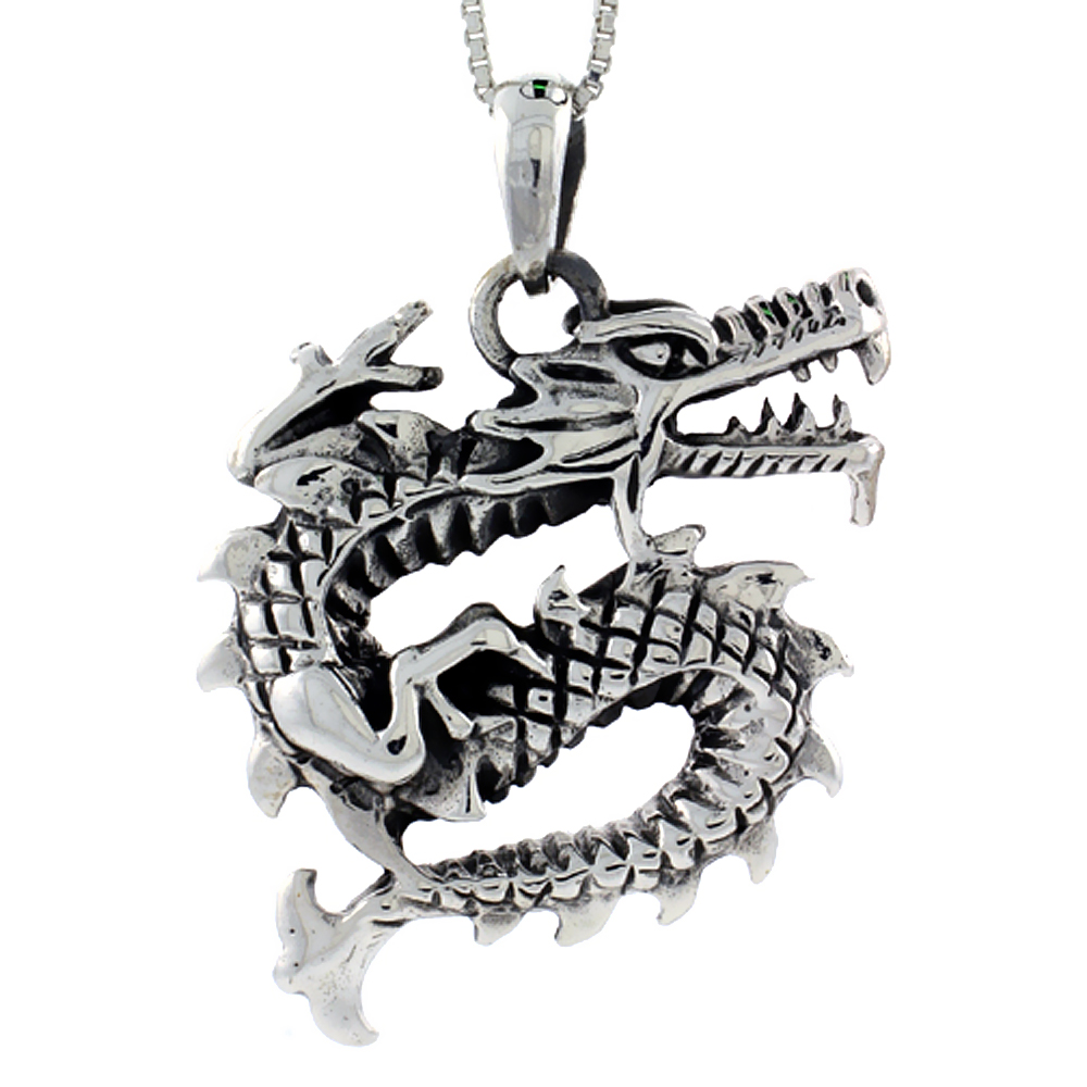 Sterling Silver Chinese Dragon Pendant Handmade, 1 1/8 inch long