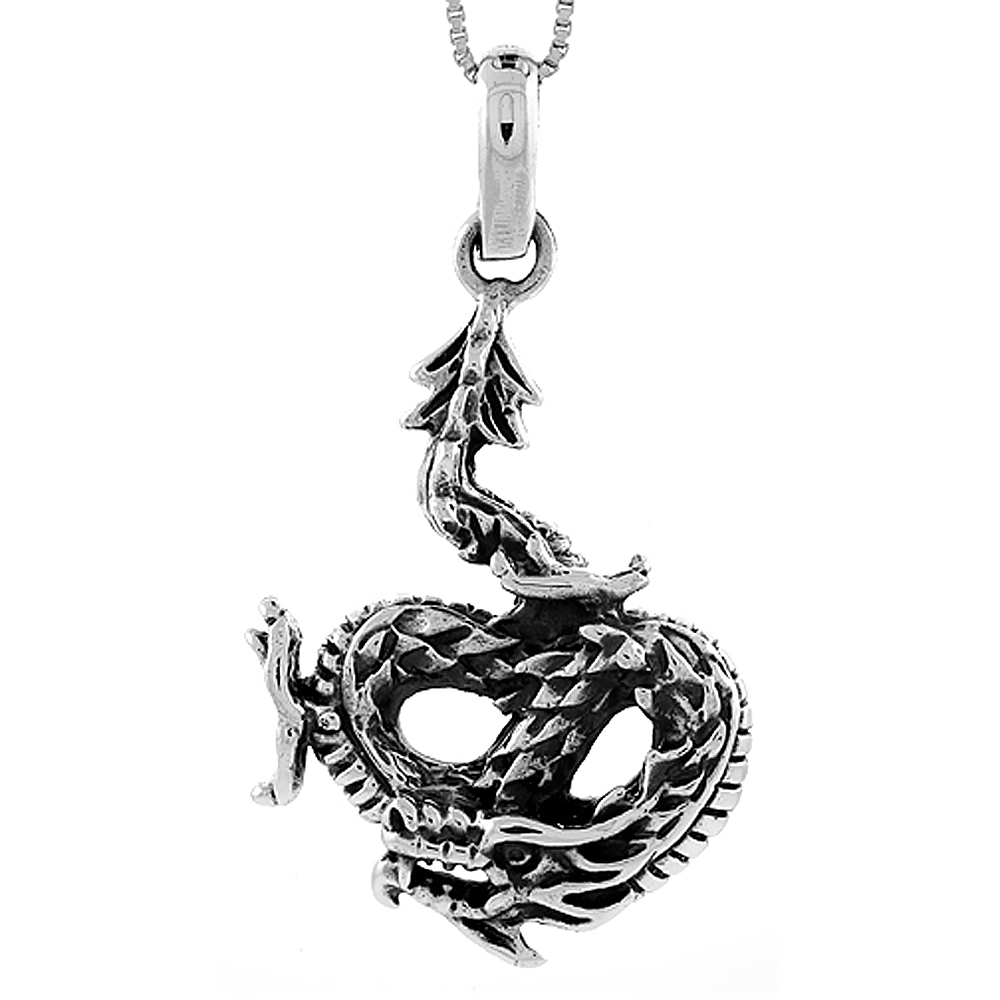 Sterling Silver Chinese Dragon Pendant Handmade, 1 1/2 inch long