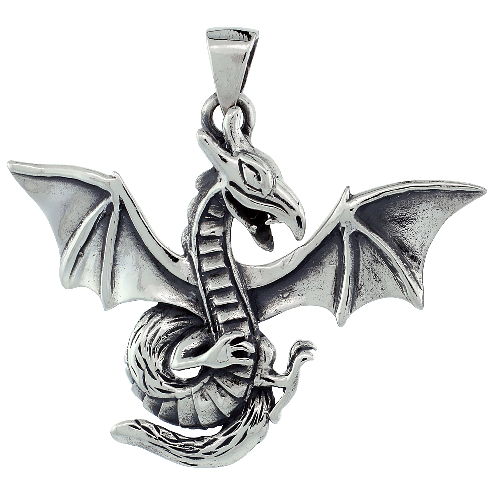 Sterling Silver Dragon Pendant Handmade, 2 inch (50 mm) wide