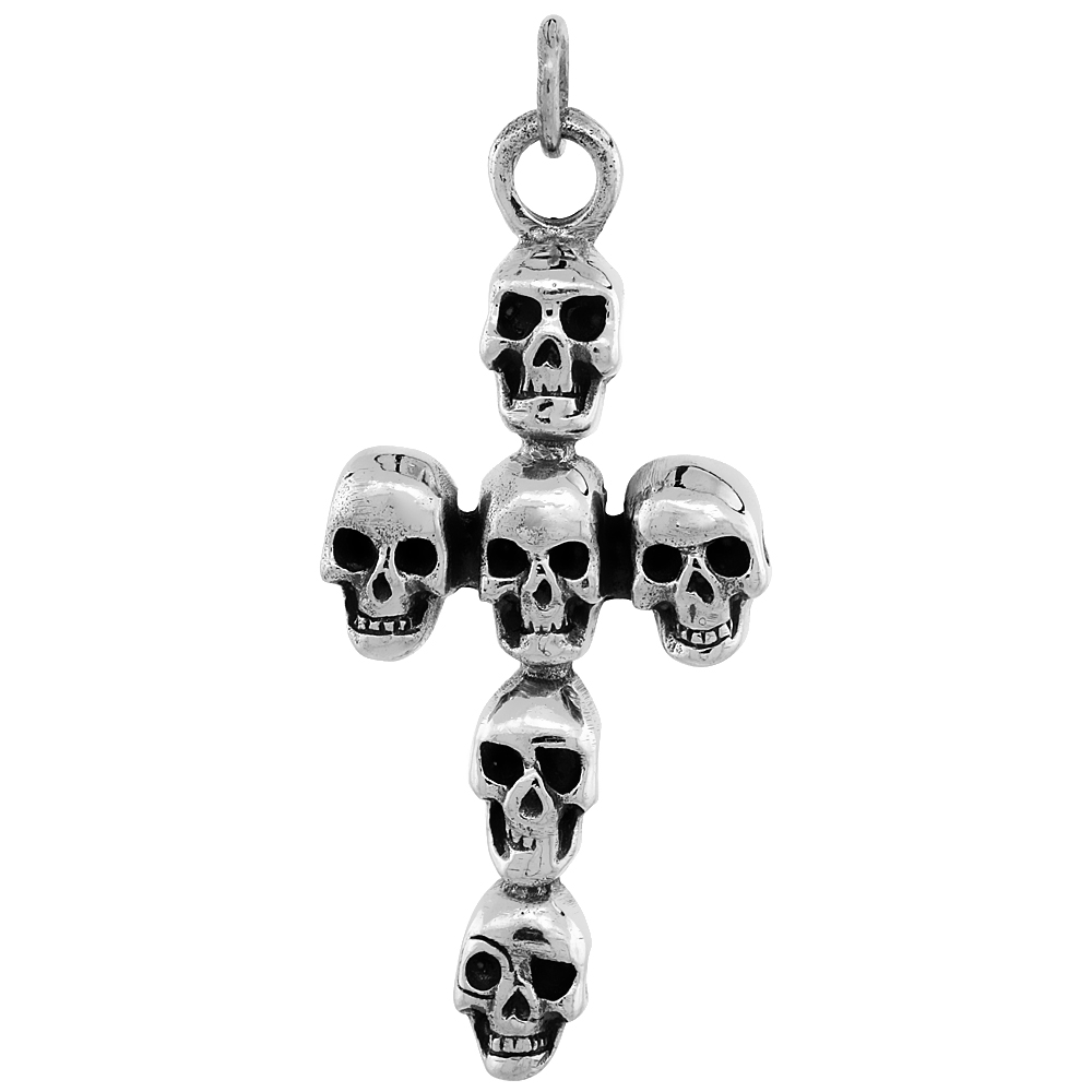 Sterling Silver Skull Cross Pendant Handmade, 1 3/4 inch long